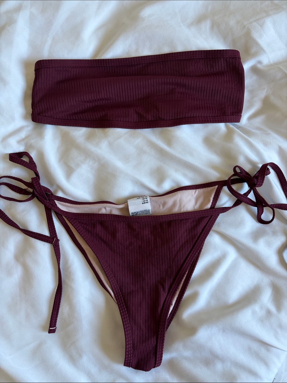 Ribbed Bandeau Tie-Side Bikini Set in Burgundy